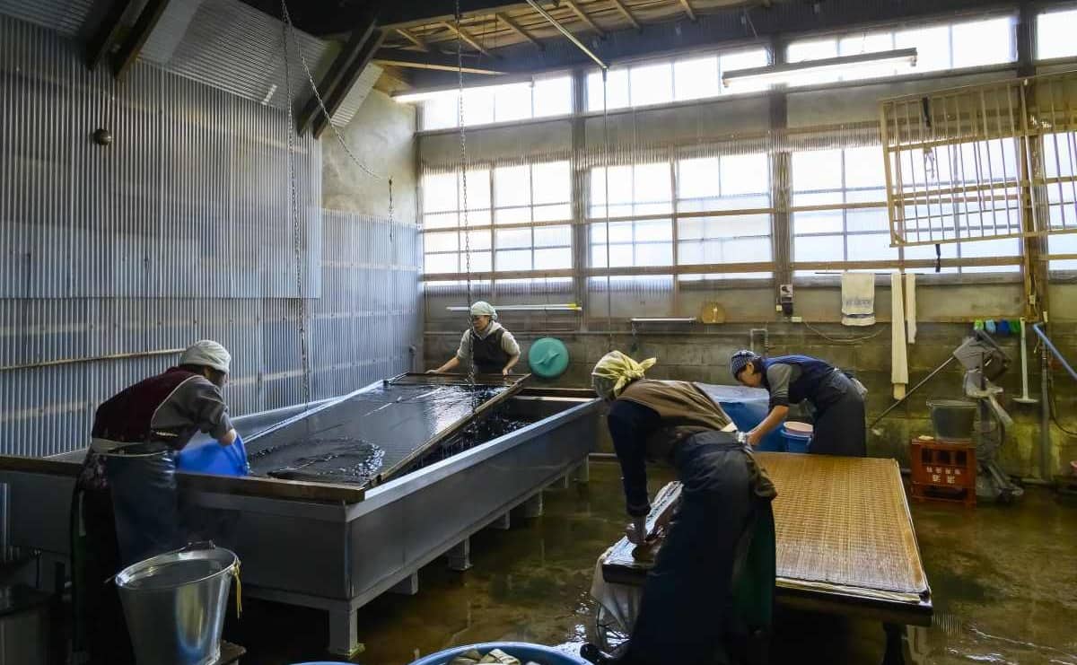 写真：和紙の里に工場を構える「やなせ和紙」での、紙漉きの様子（写真提供︰公益社団法人福井県観光連盟）