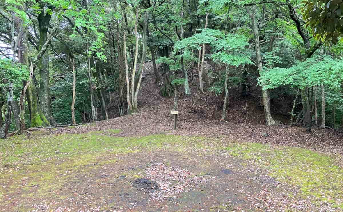 後瀬山城跡。中央が土橋で左右が堀切